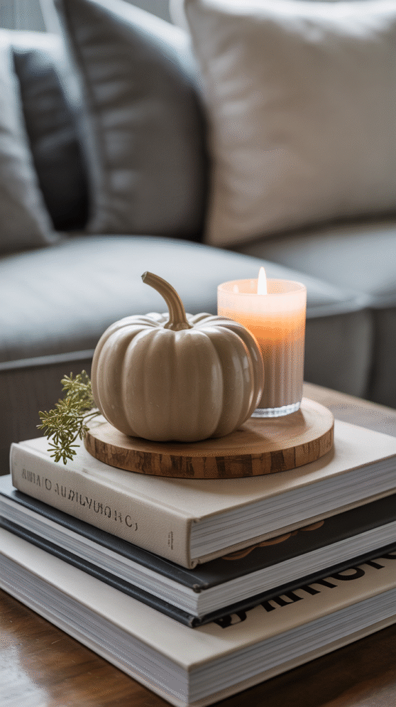 Decorative pumpkin and candle on stacked books in cozy living room setting.