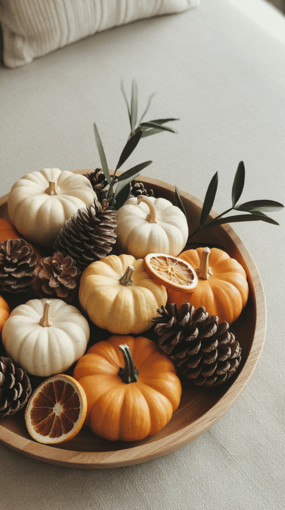 Wooden bowl with white and orange pumpkins, pine cones, and dried orange slices for fall decor on a beige surface.