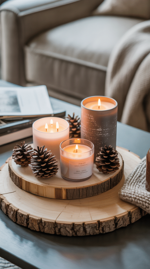 Cozy candles and pinecones on rustic wooden slab create a warm, inviting ambiance in a living room setting.
