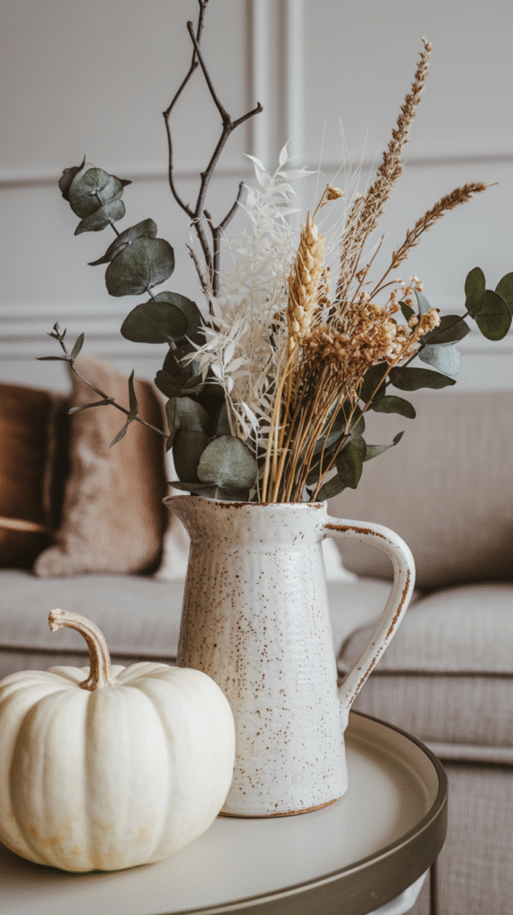 Rustic fall decor with dried flowers in a ceramic jug and a white pumpkin on a table. Cozy, neutral living room setting.