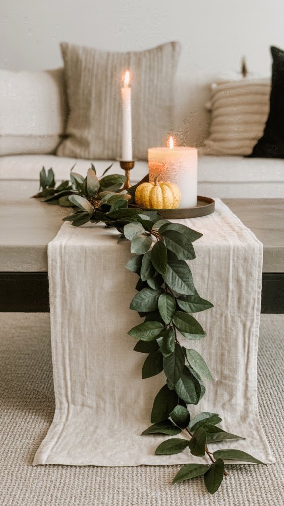 Elegant fall decor with candles, mini pumpkin, and greenery on a linen table runner in a cozy living room setting.