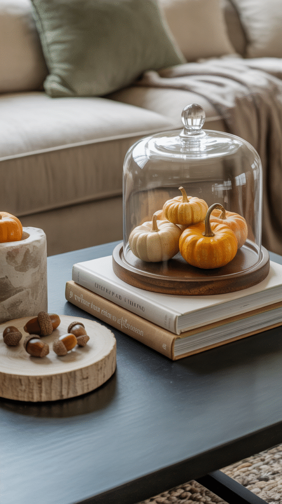 Cozy fall decor with mini pumpkins under glass dome, acorns on wood, and books on a living room table.