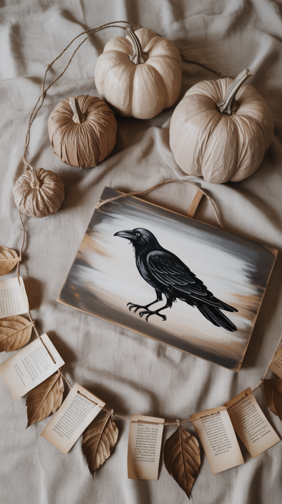 Decorative autumn scene with beige pumpkins, a crow painting, and book-themed garland on a soft fabric background.
