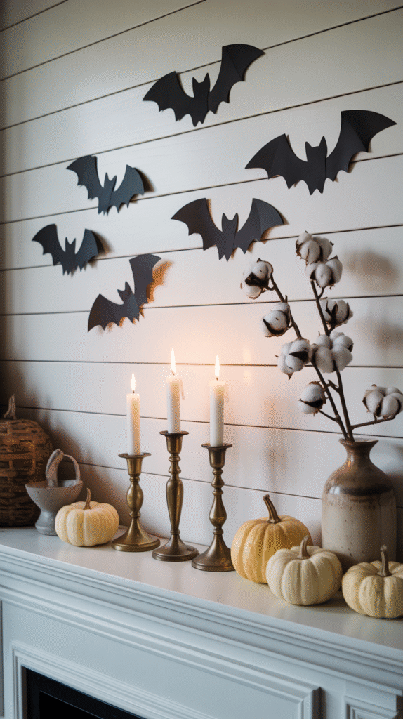 Halloween mantel decor with black bats, candles, pumpkins, and cotton branches against a white shiplap wall.