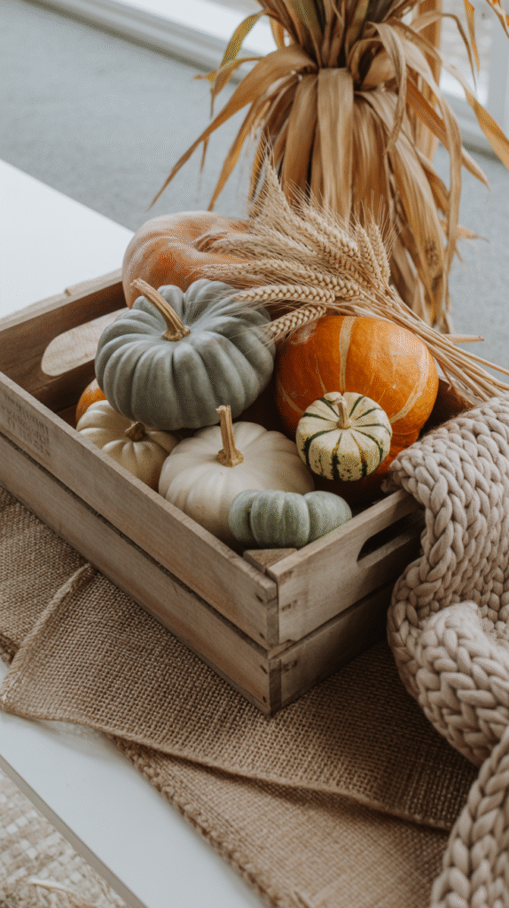 Wooden crate with assorted pumpkins and wheat on a textured surface, evoking a cozy autumn vibe.