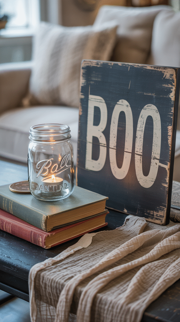Cozy Halloween decor with a lit candle jar on books and a Boo sign. Perfect for a warm, festive atmosphere.