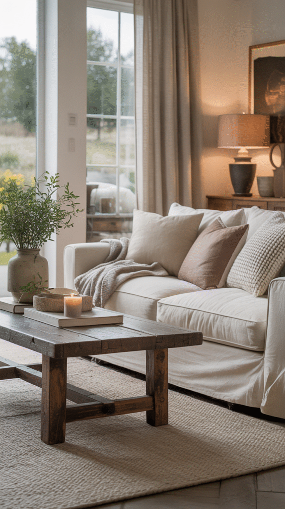 Cozy living room with a white sofa, wooden coffee table, candles, and large window.