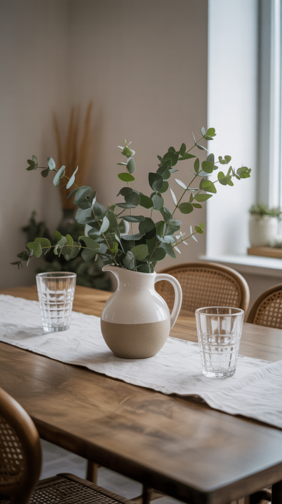 Ceramic vase with eucalyptus branches on wooden table, flanked by glasses, in a cozy, minimalist dining room setting.
