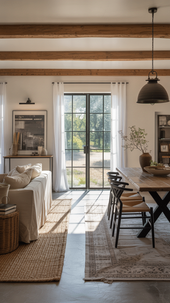 Cozy modern living room with rustic beams, large window, wooden dining table, and natural light-filled decor.