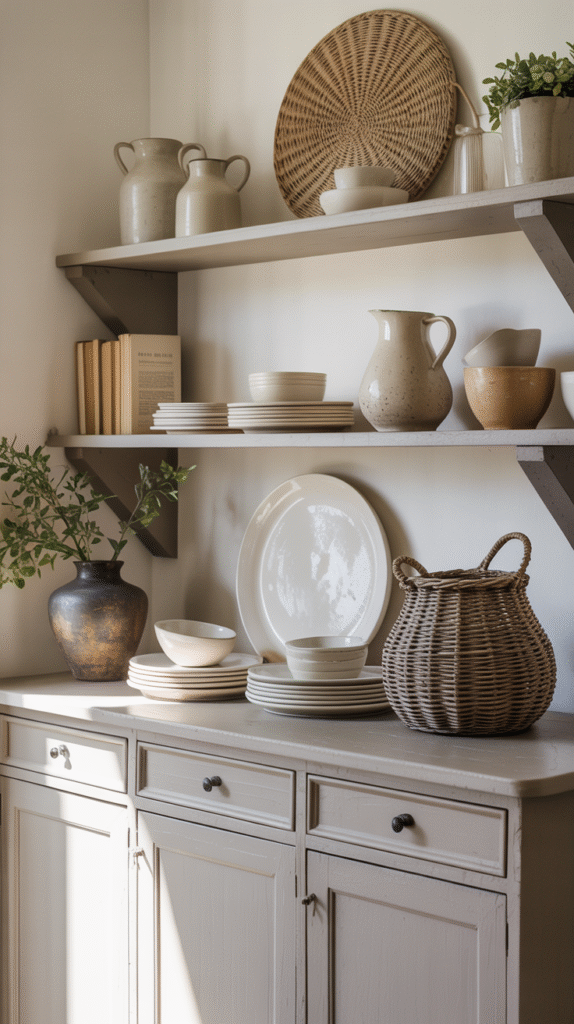 Rustic kitchen shelves with plates, bowls, pitchers, woven basket, vase with plant, and books on a wooden cabinet.