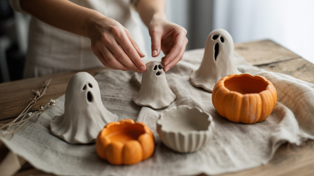 Hands crafting clay ghost figurines and pumpkins on a wooden table for Halloween decor.