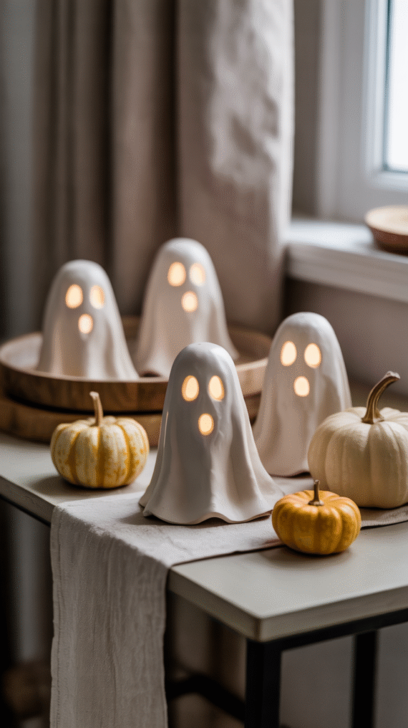 Ceramic ghost decor with glowing eyes and pumpkins on a table, perfect for Halloween ambiance.