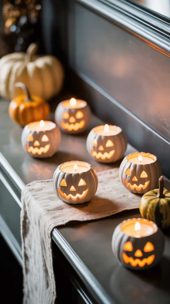 Lit pumpkin candles on a table, creating a cozy Halloween ambiance with warm glowing jack-o'-lantern faces.