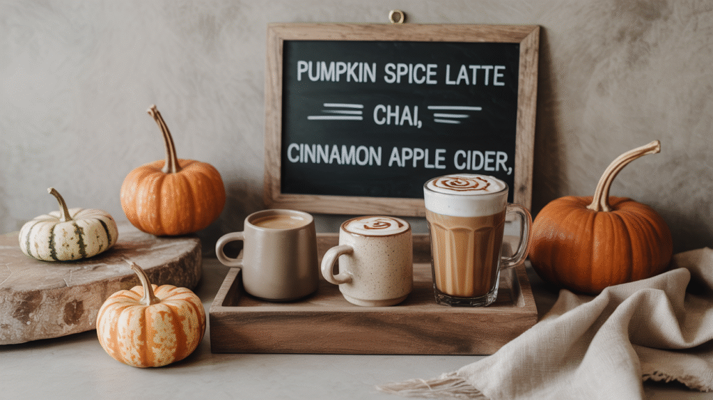 Autumn drinks and pumpkins on display, featuring pumpkin spice latte, chai, and cinnamon apple cider.