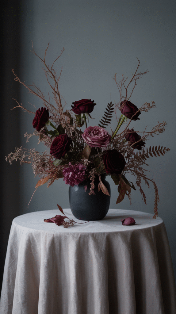 Elegant dark floral arrangement in black vase on a table with white cloth, featuring roses and foliage.