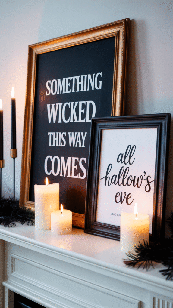 Halloween mantle decor with framed quotes Something Wicked This Way Comes and All Hallow's Eve, surrounded by candles.
