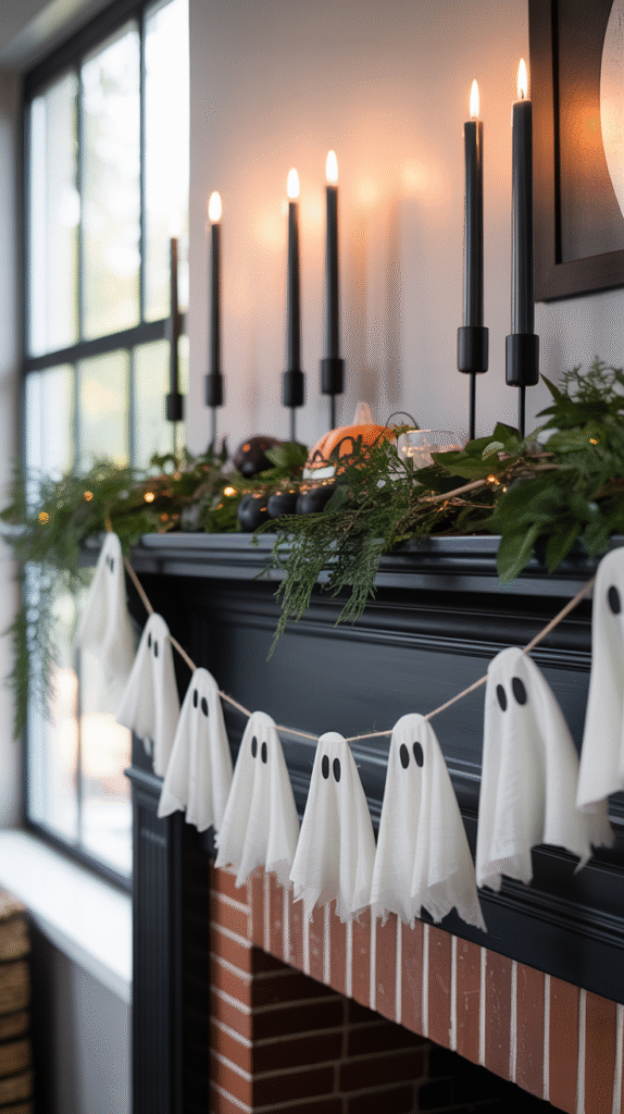 Halloween-themed mantel with ghost garland, black candles, and festive greenery. Spooky and elegant fireplace decor.