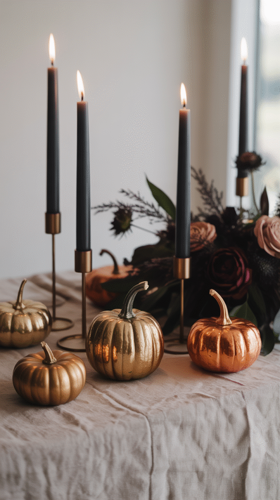 Elegant autumn table setting with metallic pumpkins and tall black candles, perfect for a cozy seasonal ambiance.