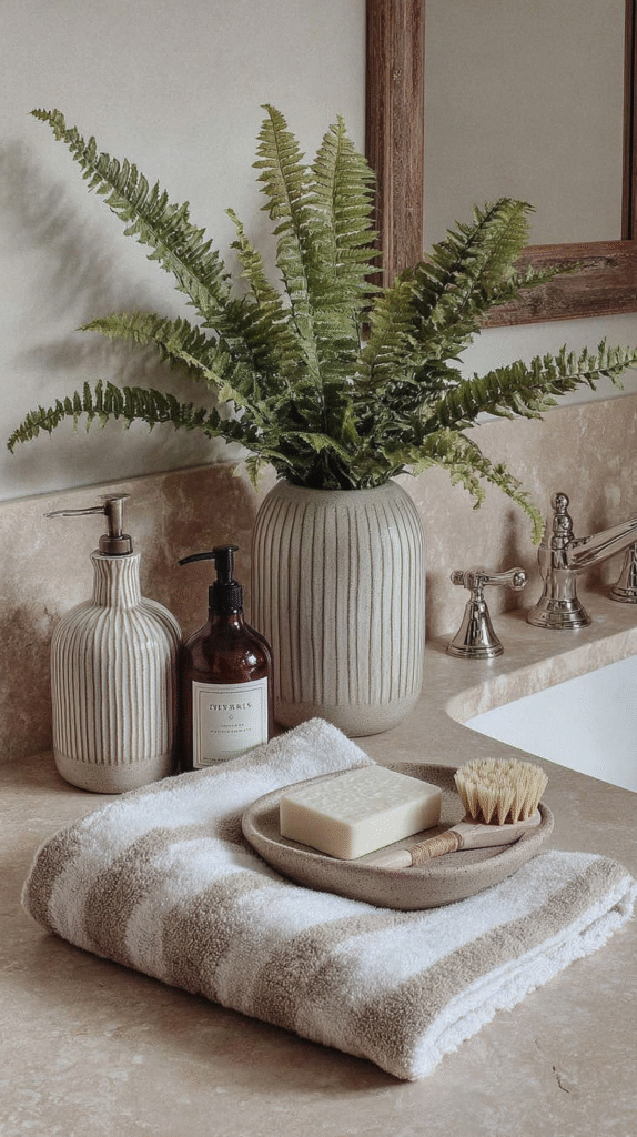 Elegant bathroom decor with potted fern, soap dispensers, and towel on marble counter. Minimalist home design.