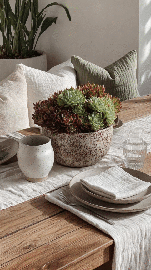 Rustic dining table with succulent centerpiece, ceramic mug, and neutral-toned linens in natural light setting.