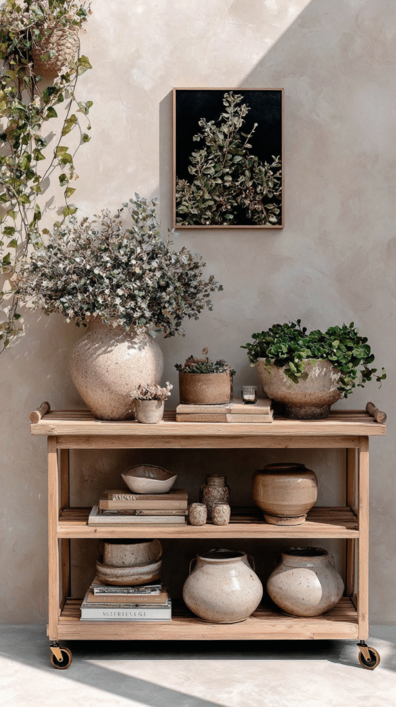 Wooden cart with potted plants, ceramics, and books against a beige wall, decorated with a nature-themed painting.