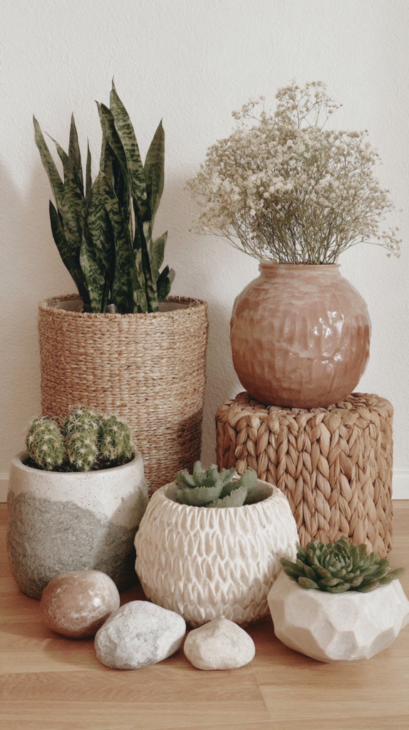Indoor plants in textured pots on wooden floor, including succulents and snake plant, with decorative stones.
