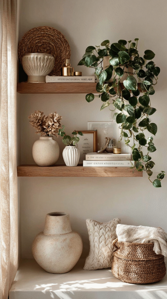 Cozy shelf decor with plants, ceramics, and books in warm, neutral tones for a stylish living room or home office.