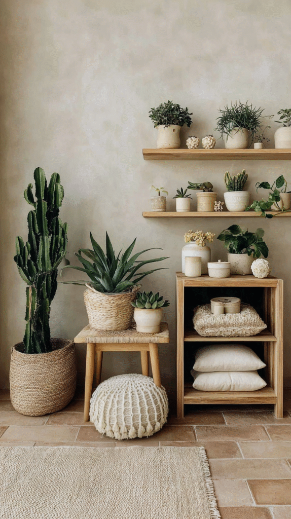 Stylish boho interior with potted plants, wooden shelves, and woven decor for a natural, cozy vibe.