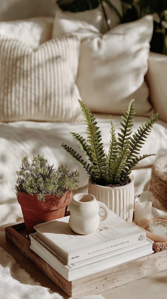 Cozy living room decor with potted plants, books, and a ceramic mug on a wooden tray. Warm and inviting interior setting.