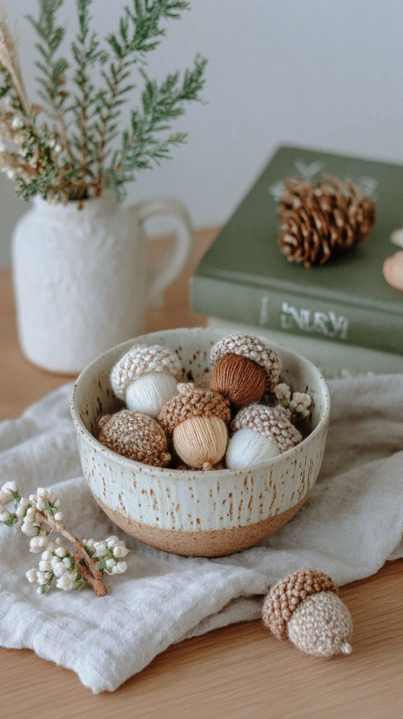 Decorative knitted acorns in a ceramic bowl with pine and flowers add a cozy, autumnal touch to a wooden table setting.