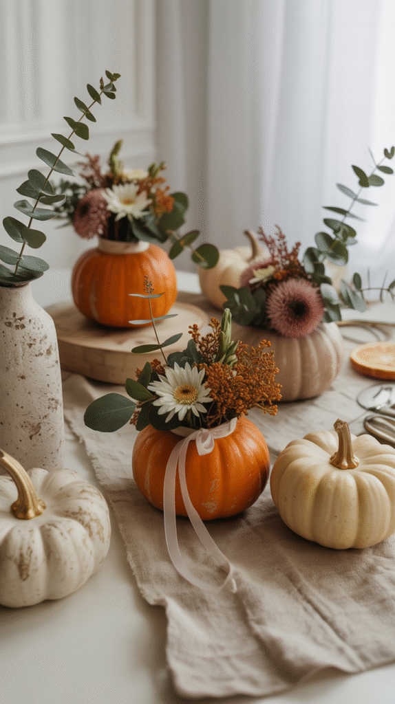 Festive autumn table decor with pumpkins and flowers, enhancing cozy fall home decor vibes.