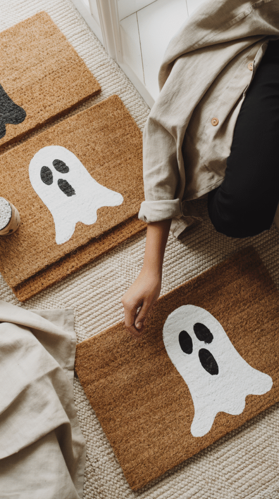 Person arranging Halloween-themed doormats with ghost designs on a textured beige carpet.
