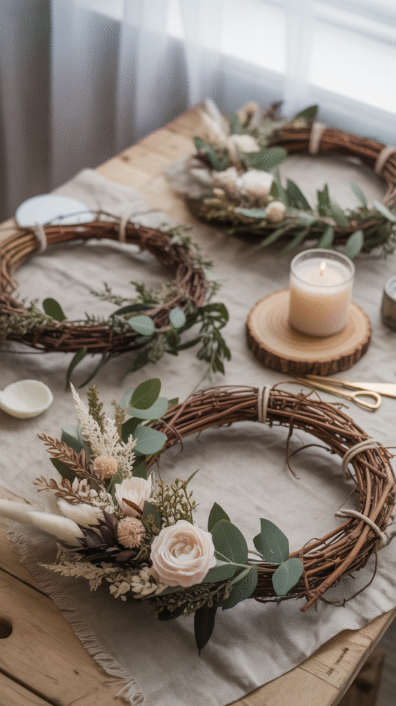 Rustic floral wreaths on wooden table, surrounded by greenery and lit candle, perfect for seasonal home decor.