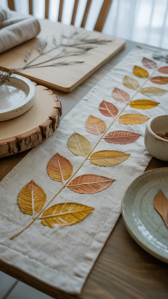 Autumn leaf-patterned table runner with wooden and ceramic dishware on a dining table.