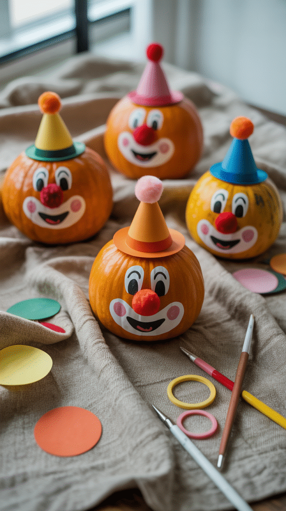 Clown pumpkin decorations with colorful hats, surrounded by craft supplies on a beige cloth.