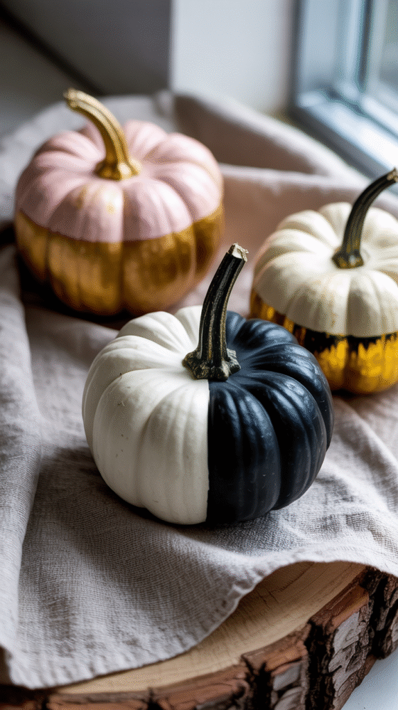 Decorative pumpkins painted in black, white, and pastel hues on a rustic wooden surface.