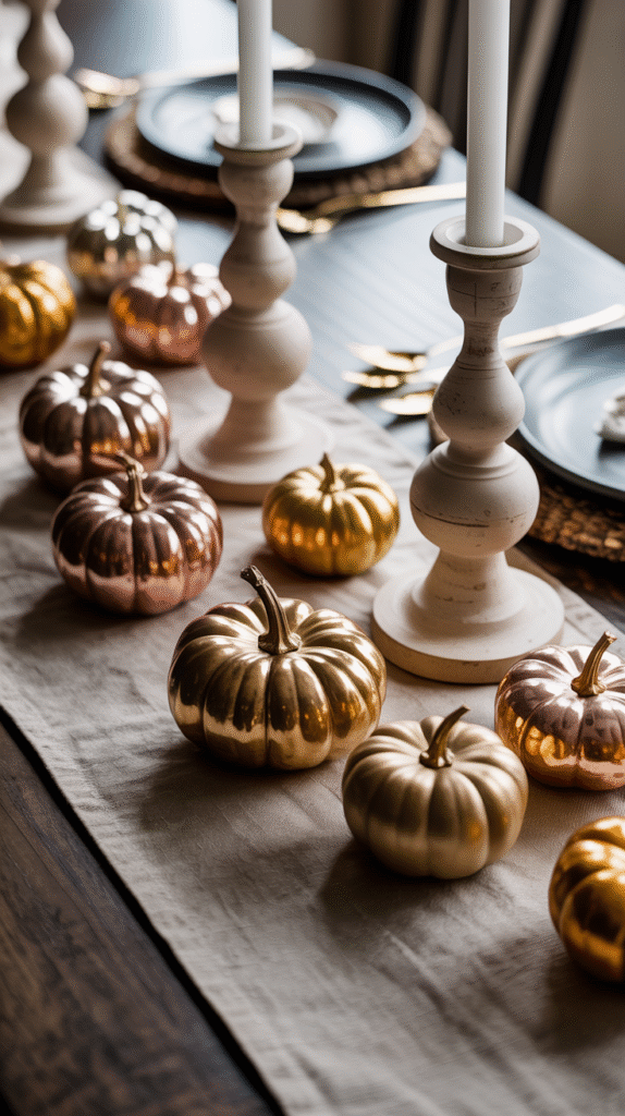 Elegant fall table setting with metallic pumpkins and candles on a textured runner. 분위기 있는 가을 테이블 장식.