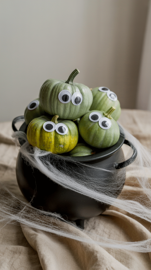 Googly-eyed green pumpkins in cauldron with spiderweb decoration, perfect for Halloween fun.