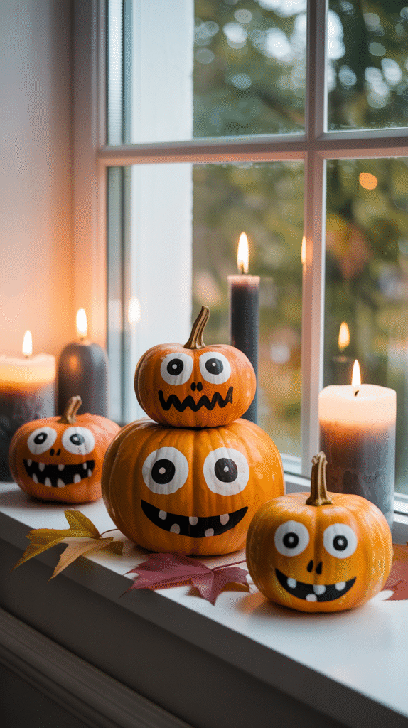 Playful Halloween pumpkins with painted faces on a windowsill, surrounded by lit candles and autumn leaves.