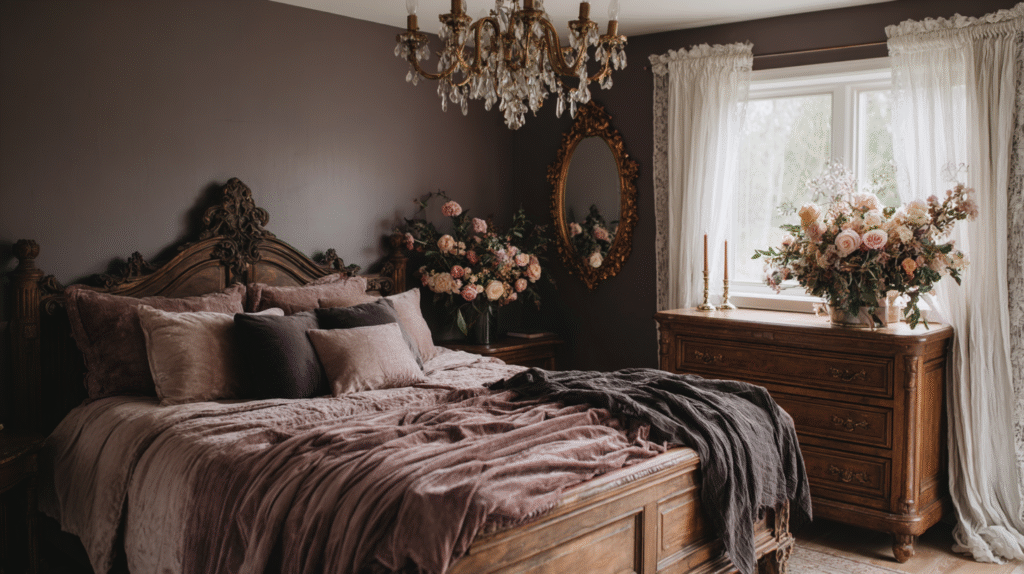 Luxurious vintage bedroom with a dark wood bed, floral decor, and elegant chandelier lighting.
