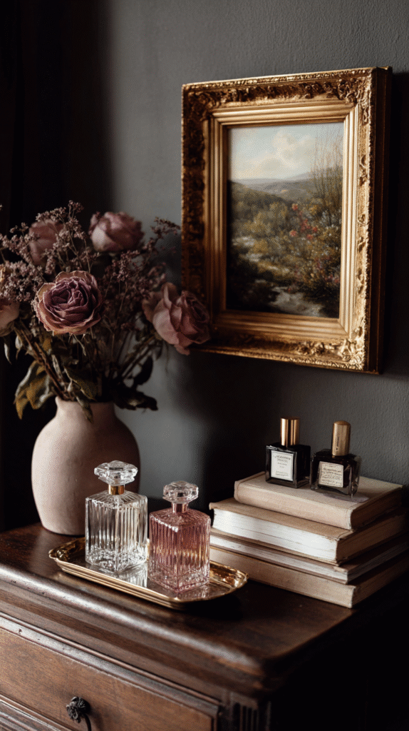 Vintage decor with framed painting, dried flowers, perfume bottles, and books on a wooden dresser.