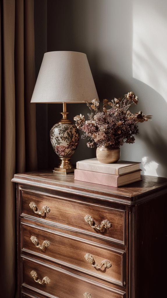 Vintage lamp and dried flowers on wooden dresser with ornate handles, creating a cozy, elegant atmosphere.