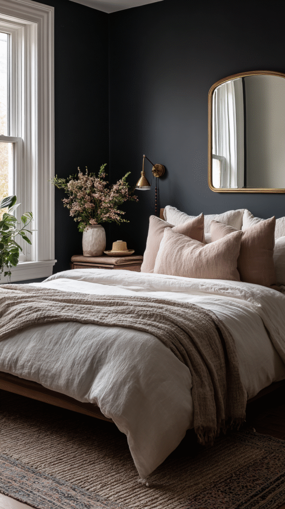 Stylish bedroom with dark walls, cozy bedding, large mirror, and vase with flowers by the window.