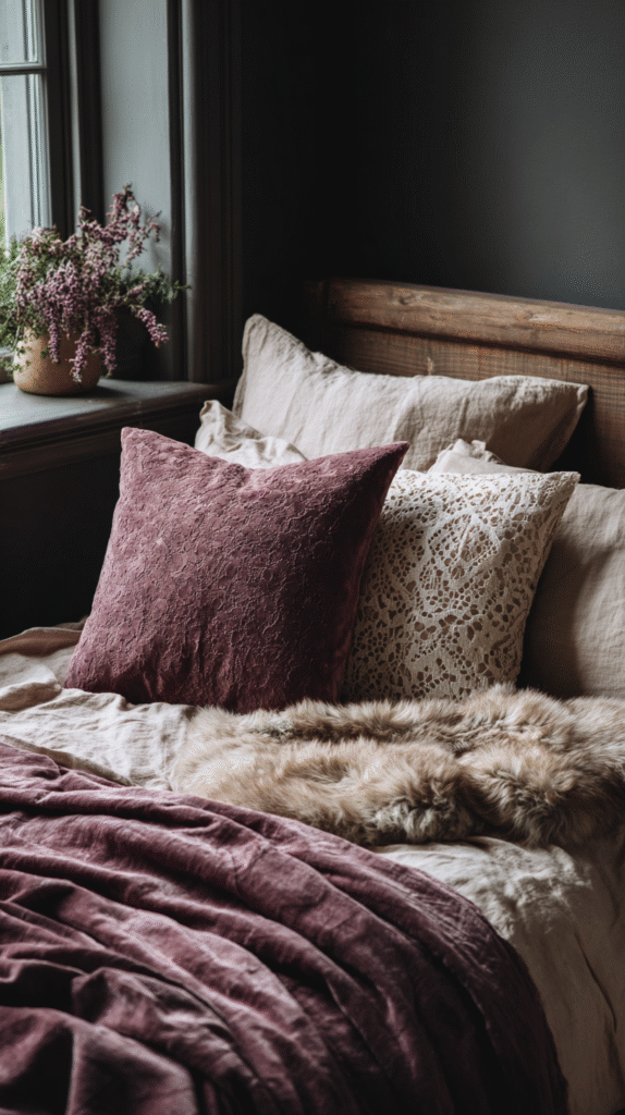 Cozy bedroom with plush pillows, warm textures, and elegant floral decor by the window. Perfect for relaxation.