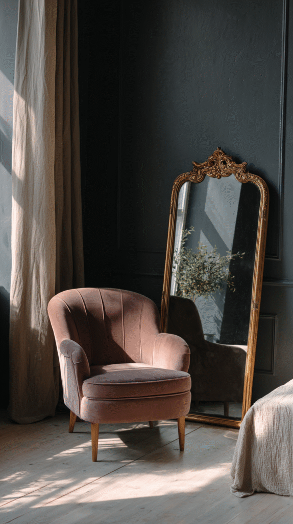 Cozy room with vintage armchair, ornate mirror, and soft sunlight through curtains on dark walls.