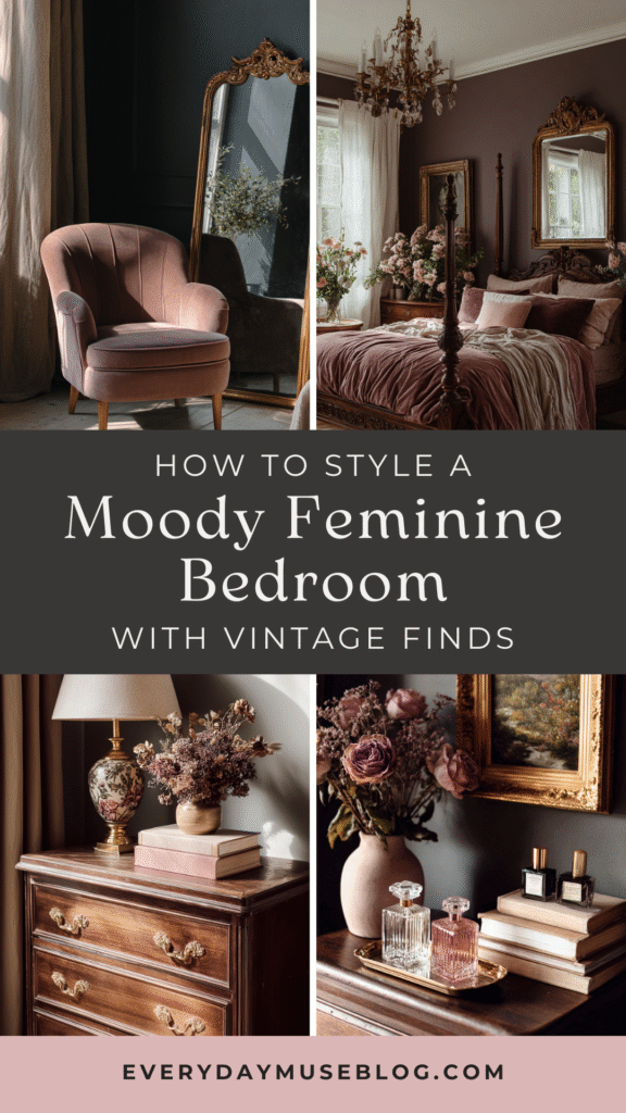 Vintage moody feminine bedroom design with elegant decor, luxurious textiles, and chic accents.