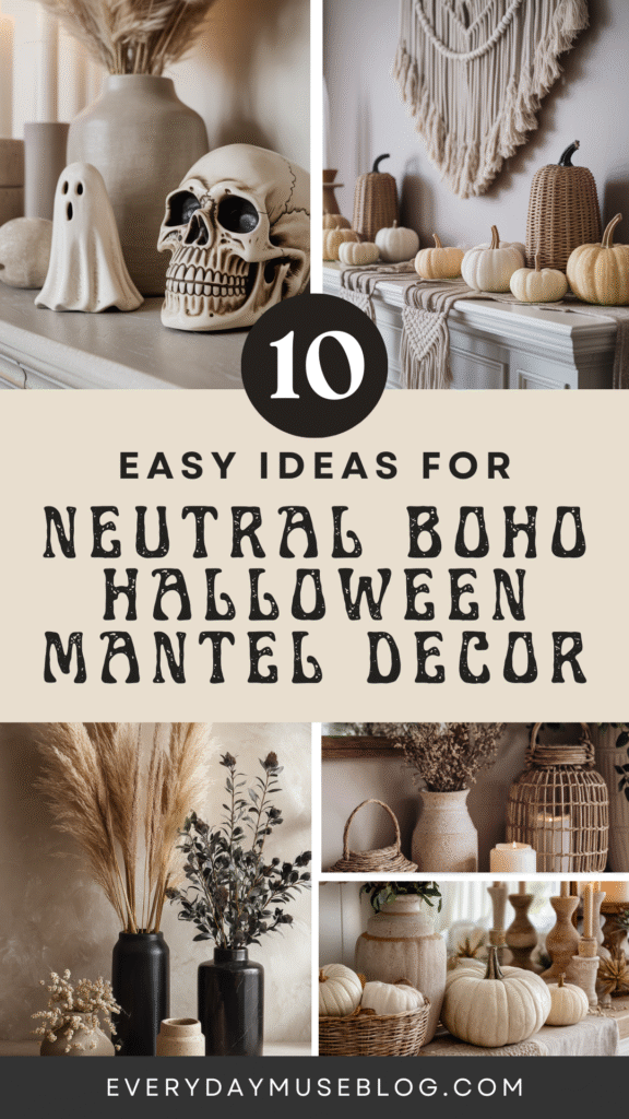 Neutral Boho Halloween mantel decor ideas with skulls, pumpkins, and macrame. Cozy and stylish for autumn.