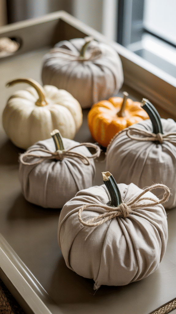 Fabric-wrapped decorative pumpkins on a tray, including white, beige, and orange hues, perfect for autumn decor.
