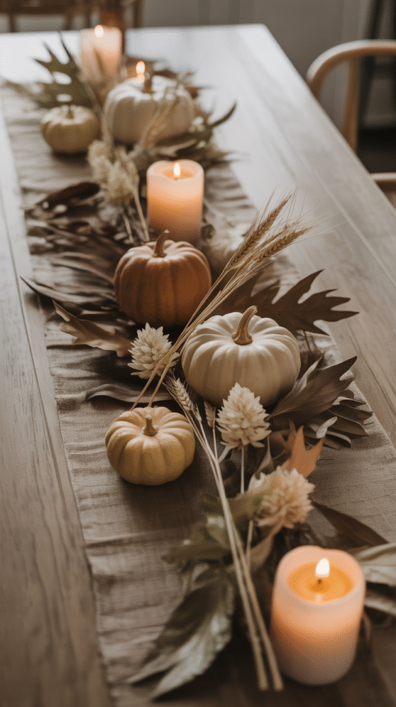 Autumn table decor with pumpkins, candles, and leaves on a wooden table, creating a cozy fall ambiance.