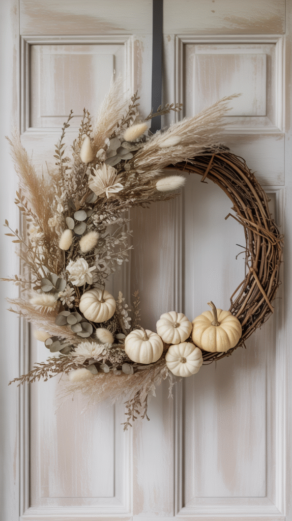 Rustic autumn wreath with dried flowers and small white pumpkins on a wooden door. Perfect fall decor inspiration.